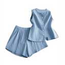 SOLY HUX Women's Summer 2 Piece Outfits Sleeveless Matching Sets Button Down Crew Neck Vest and Shorts Set Solid Blue Small