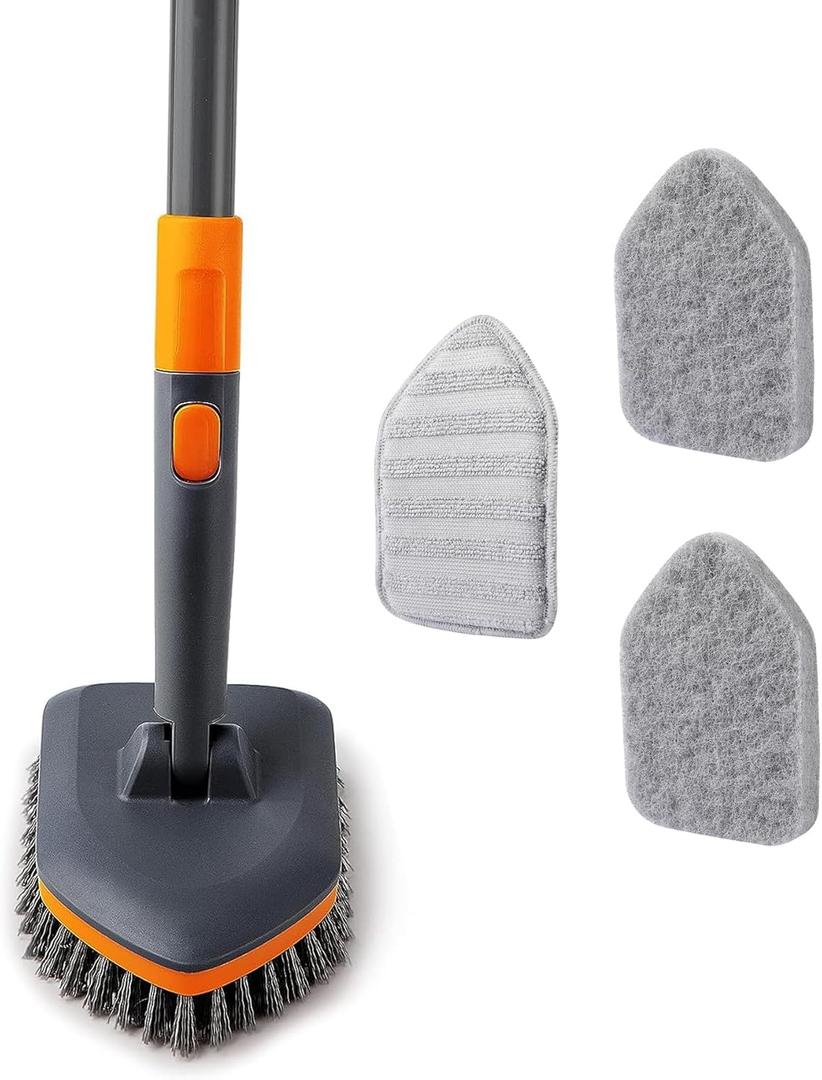 Tile Tub Scrubber Brush with 3 Different Function Cleaning Heads and 56" Extendable Long Handle-No Scratch Shower Scrubber for Cleaning Bathroom Kitchen Toilet Wall, Bathtub, Sink, Grey