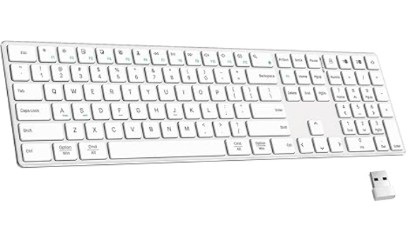 TIETI 2.4G Wireless Bluetooth Keyboard Rechargeable, Stainless Steel Ultra Slim Full Size Keyboard with Numeric Keypad Low Profile Silent Cordless Keyboards for Computer/Mac/Windows