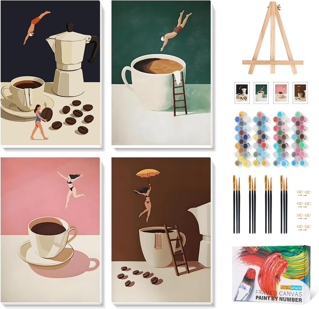 Camocin 4 Pack Framed Paint by Numbers Kit for Adults with Wooden Easel, Coffee Paint by Numbers with Frame for Beginner, Coffee Adult Paints by Number Kits on Canvas Framed 8 x 12 Inch