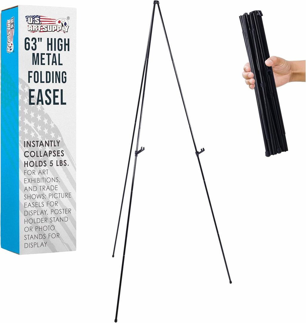 U.S. Art Supply 63" High Metal Folding Display Easel - Adjustable Height, Instantly Collapses, Holds 5 lbs - Portable Art Easel Stand - for Sign, Poster, Canvas, Painting, Picture Display