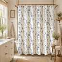 Navy Blue Farmhouse Linen Shower Curtain, Boho Floral Fabric, 72 x 72