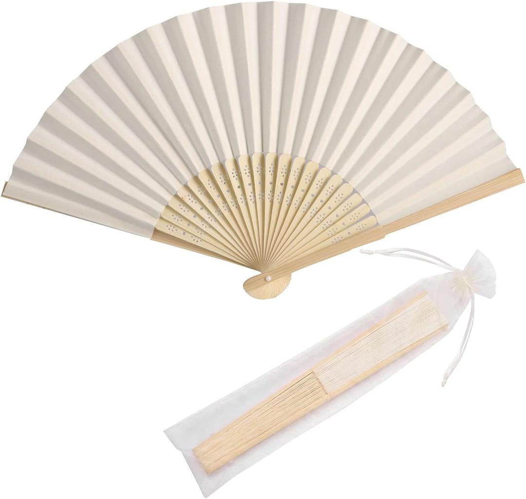 50pcs Paper Hand Fan with Organza Bags Bamboo Handheld Folding Fans DIY Decorative Wedding Party Favors (Cream)