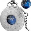 Tiong Pocket Watch Hollow Blue Star Design Roman Numerals Quartz with Chain Christmas Birthday Gifts