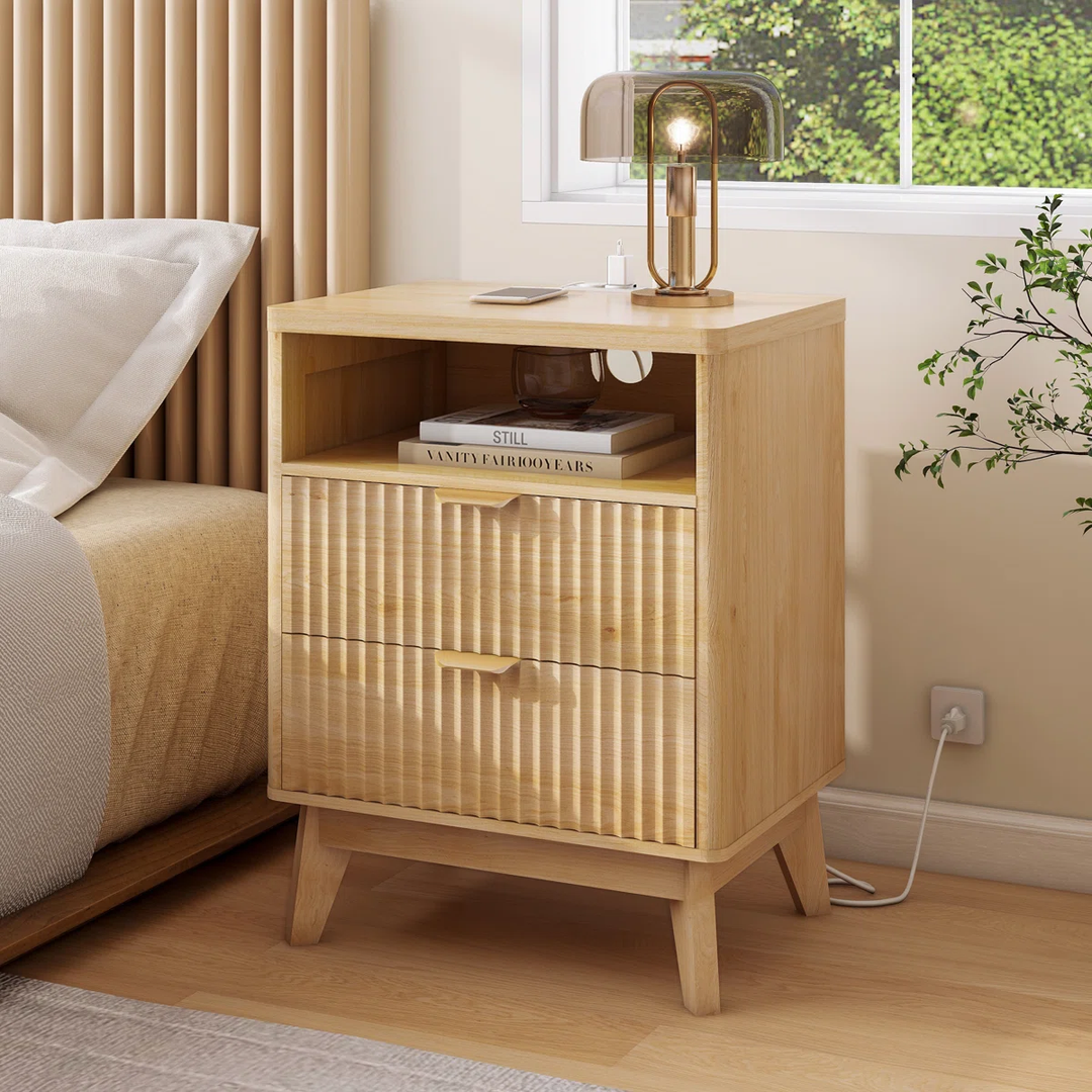 Wood Nightstand with Charging Station, Fluted Bedroom Nightstand, Bedside Table Chest, 25.4'' H X 19.7'' W X 15D''