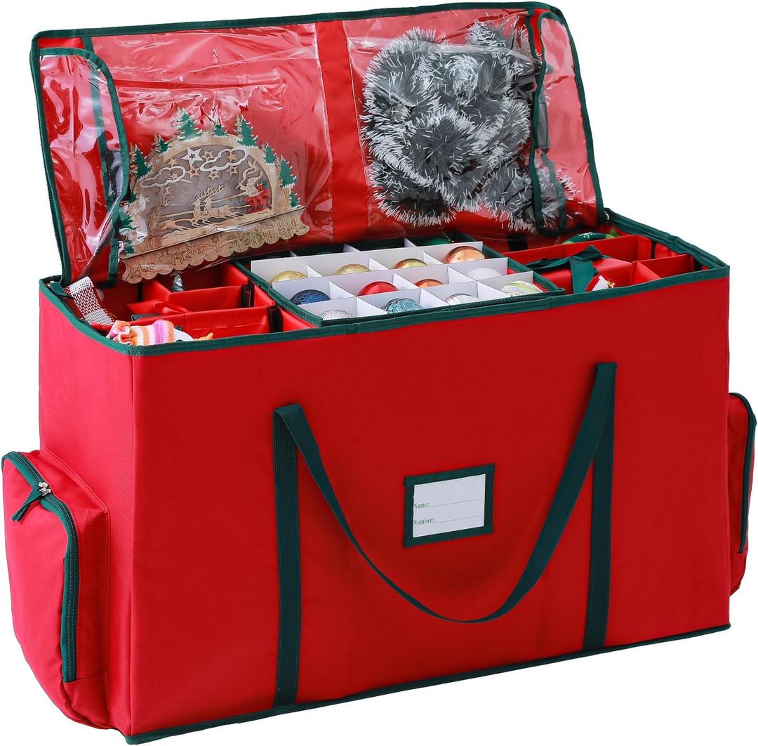2-In-1 Christmas Decoration Ornament Organizer Box Movable Pallet Santas Bags Ornament Storage Containers, Holds 73 Holiday Ornaments, Adjustable Space For Figurines And Pockets For Decoration