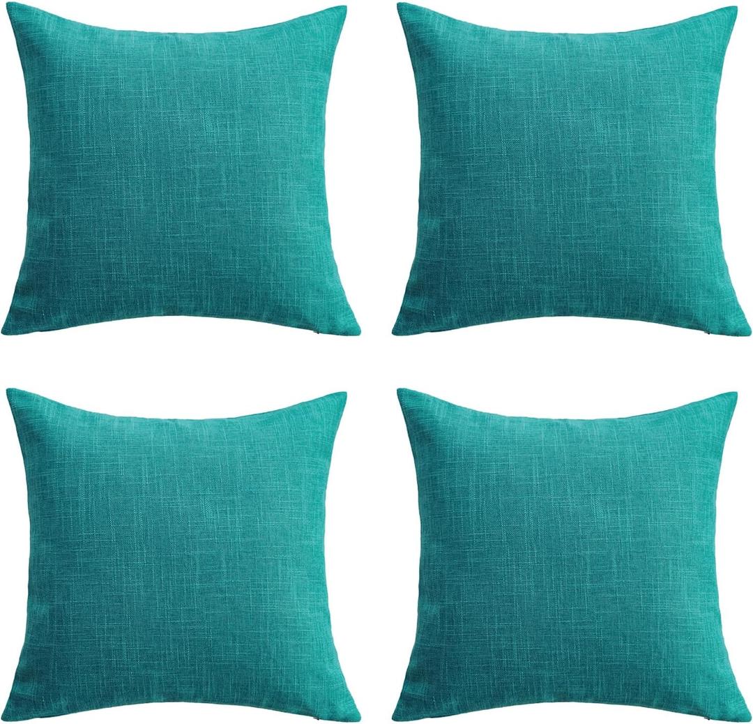 Set of 4 Teal Blue Throw Pillow Covers Neutral Textured Linen Decorative Pillowcases 18x18 Inch, Farmhouse Rustic Outdoor Pillow Cover Square Accent Cushion Cases for Sofa Couch Home