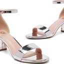 FW FRAN WILLOR Women Open Toe Low Chunky Short Heels Ankle Strap Block Heel Sandals Party Dress Wedding Pump Shoes (Silver) 7.5