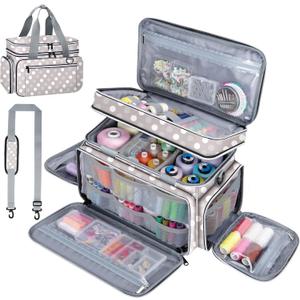 Anitor Large Sewing Supplies Organizer, Double Layer Sewing Storage Organizer with Two Detachable Dividers, Travel Sewing Bag Organizer with Shoulder Strap for Accessories, Round Dot, (Bag Only)