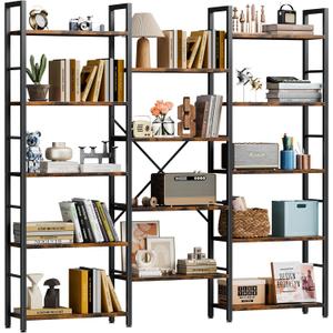 Shintenchi Triple 5 Tier Bookshelf, Industrial Large Bookcase with 14 Open Display Shelves, Large Etagere Bookshelf,Wide Book Shelf Book Case for Home & Office, Rustic Brown