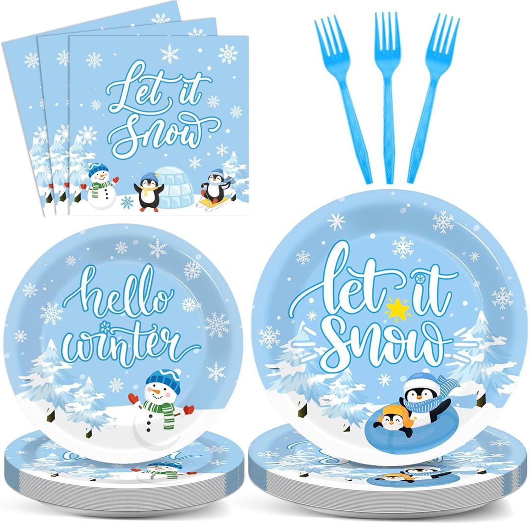 96PCS Hello Winter Party Supplies Winter Snowflake Party Tableware Set Christmas Disposable Dinnerware Plates Napkins Forks with Snowman Penguin for Winter Christmas Birthday Party Favors,  Let It Snow