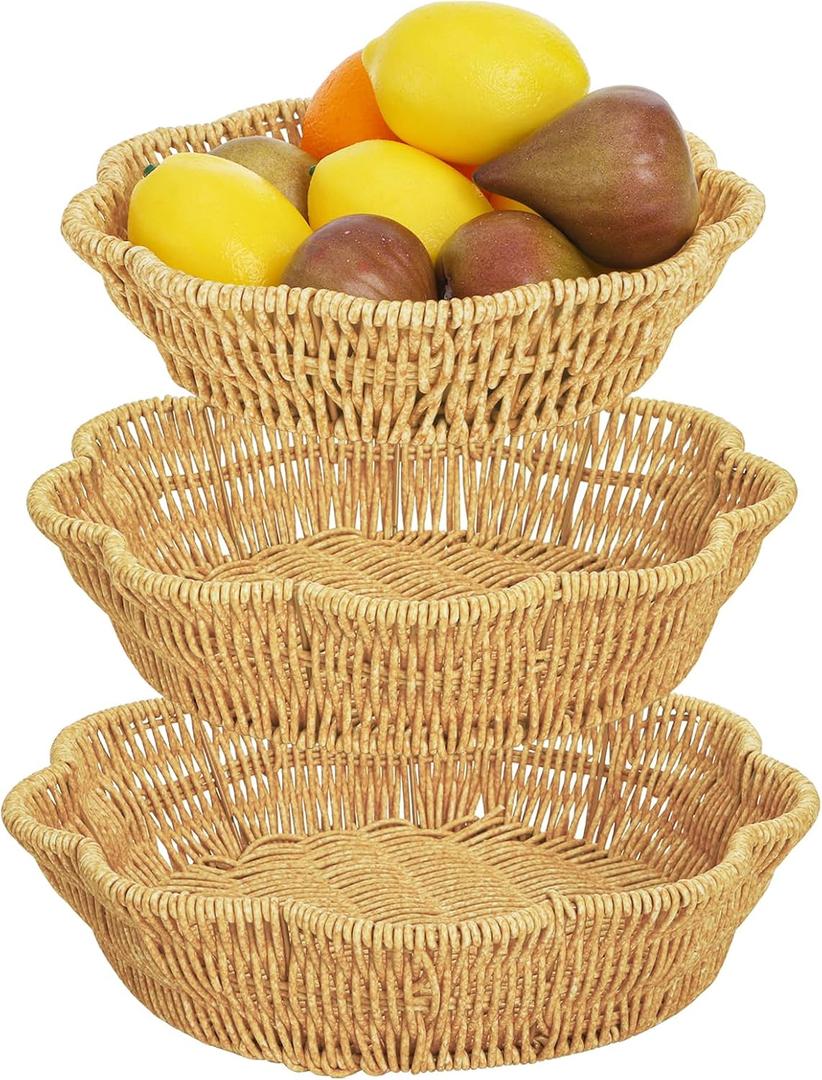 Jucoan 3 Pack Poly Wicker Bread Baskets, Imitation Rattan Fruit Baskets, Hand Woven Round Scalloped Tabletop Food Serving Basket Tray for Fruits, Vegetables and Snacks, Home Kitchen Bakery