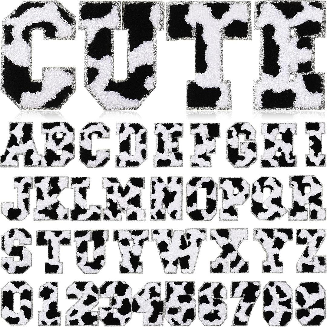 36 Pcs Self Adhesive Chenille Letter & Number Patches - Cow Print, Glitter Alphabet & Varsity Patch Sticker Badges for Clothes & Bags