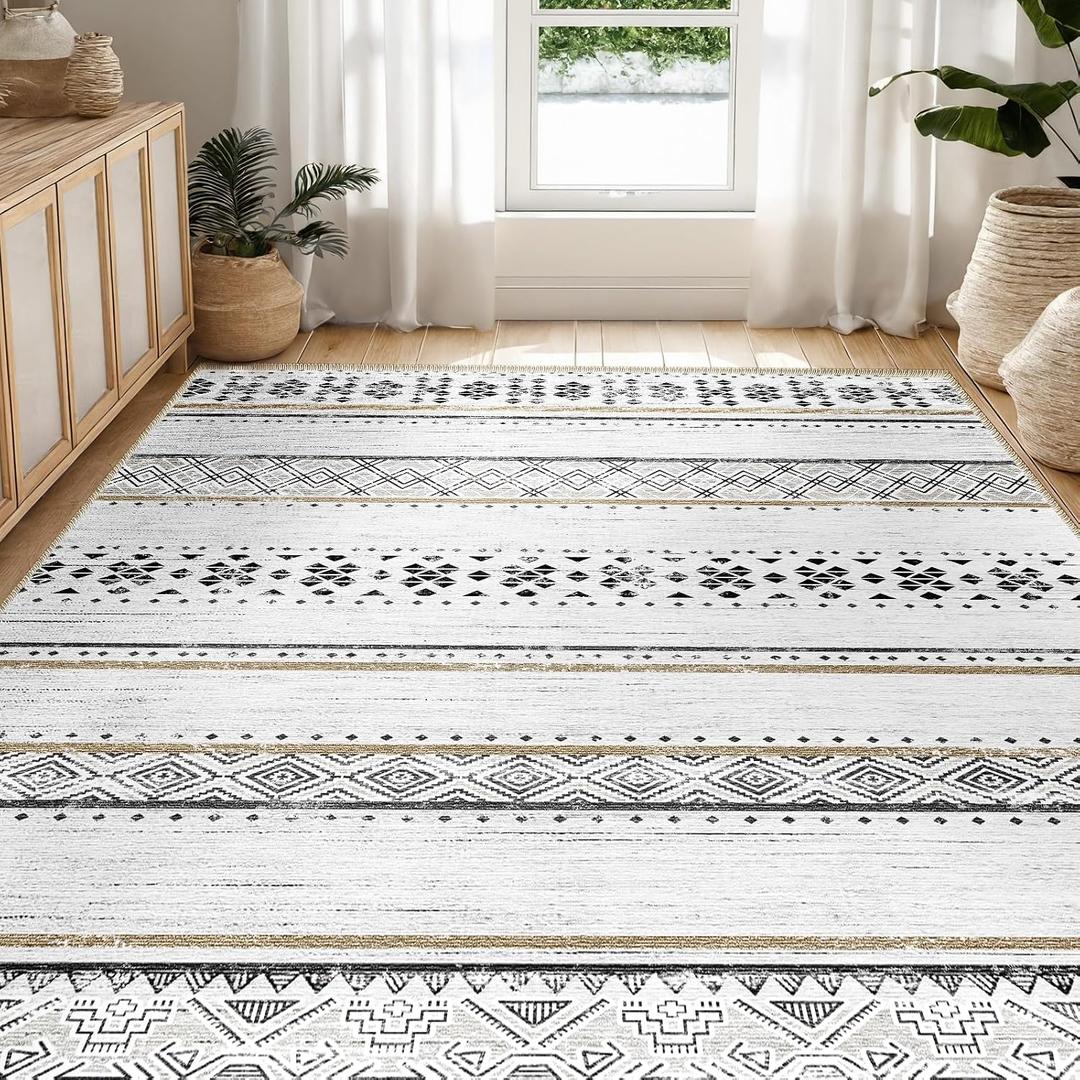 BESTSWEETIE 5x7 Area Rugs for Living Room Washable Moroccan Farmhouse Neutral Geometric Low Pile Non-Slip Soft Print Pattern Rug for Bedroom Kitchen Dining Room Entryway Black/Brown