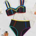 Eomenie Bikini Sets for Women Two Piece Swimsuits High Waisted Color Block Bathing Suits Tie Back Swimwear (Medium, Black Yellow Blue)