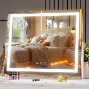 Hasipu Vanity Mirror with Lights, 15.8" x 12.2" LED Makeup Mirror, Light up Mirror with 10X Magnification, Smart Touch 3 Colors Dimmable, 360 Rotation (White)