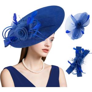 dressfan Wide Brim Fascinator Derby Hats for Women,20s Detachable Flower Hat with Headband for Derby Church Wedding Tea Party (Blue)