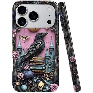 Case Compatible with iPhone 17 Pro,Fall Prevention Bright Hybrid 2-Layer Hard Shell Phone Case for Girls Boys,Skull Bookshelf Floral Butterfly