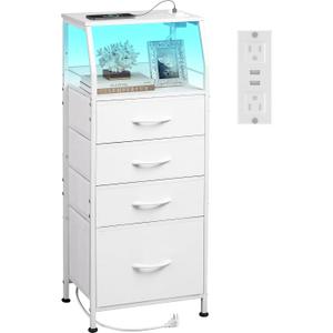 WLIVE Night Stand with Charger Station, White Nightstand with LED Light and 4 Storage Drawers, Tall Dresser for Bedroom, 37.48" H Bedside Table with Fabric Bins, Wood Shelf