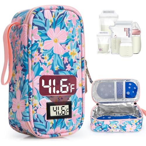 WIBOND Breast Milk Cooler Travel Bag, Real-Time Temperature Display, Holds 4-6 Breastmilk Storage Bag with 2 Breast Milk Ice Pack, Cooling & Waterproof Portable Cooler for Moms on the Go (Pink Flower)