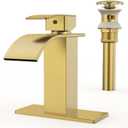 RUACQ Waterfall Bathroom Faucet,Single Handle Bathroom Sink Faucets for 1 or 3 Hole, Stainless Steel Washbasin Mixer Tap with Deck,Pop-up Drain and Supply Hoses (Gold)
