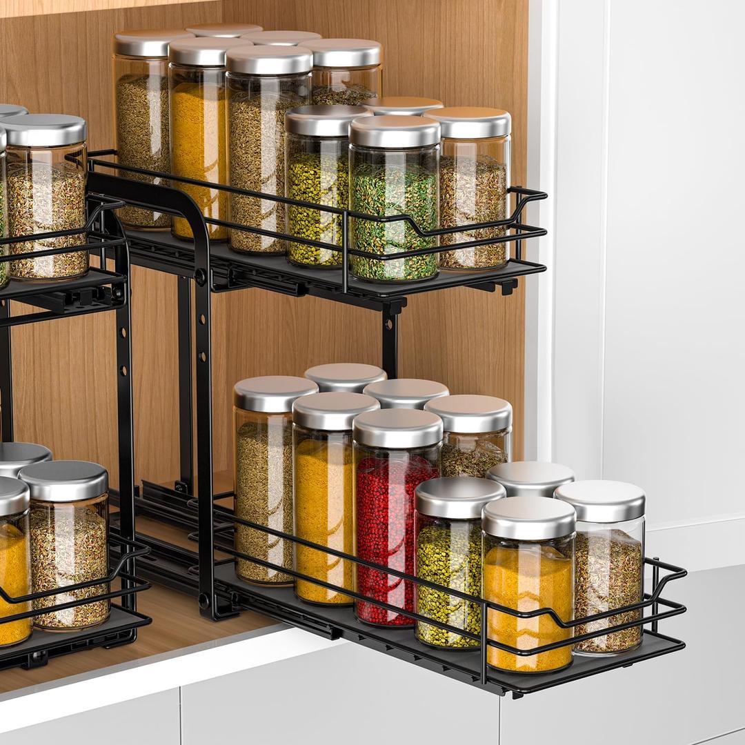 RCHYFEED Spice Organization for Cabinet, 2 Tier Pull Out Spice Rack for Seasoning Organizer, Height Adjustable Heavy Duty Metal Basket for Inside Cabinets & Pantry Closet(5.5" Wx10.5 Dx9.5 H)