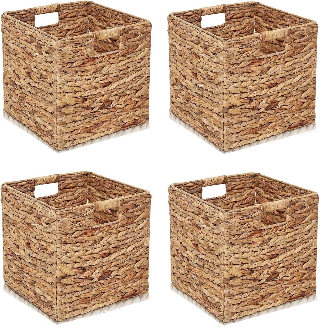 11x11in Storage Baskets Set of 4 Water Hyacinth Baskets,Foldable Handwoven Storage Cubes,Woven Baskets for Bathroom, Bedroom, Laundry, Pantry, Shelves