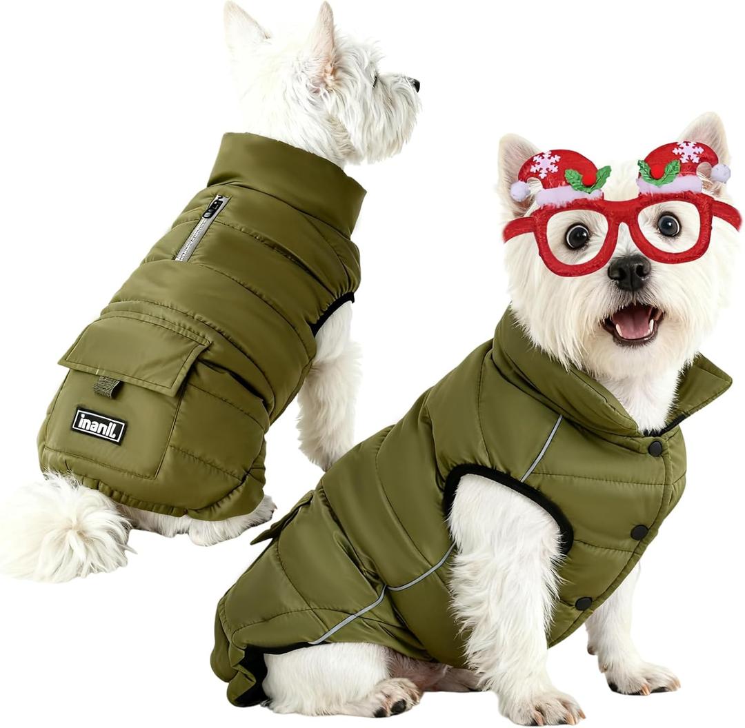 Dog Winter Puffer Jacket Waterproof, Reflective Furry Fleece Lined Dog Coats for Small Medium Dogs, Warm Snow Coat, Insulated Cold Weather Dogs Vest Jackets with Leash Hole, Olive (S: under 10 lbs)