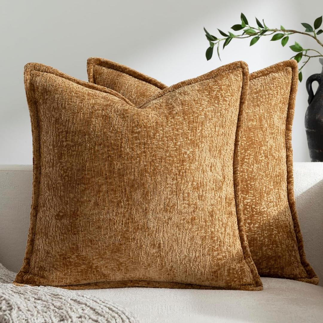 Pack of 2 Golden Brown Euro Shams Pillow Covers 26x26 Cozy Soft Chenille Decorative Throw Pillow Covers Accent Vintage Square Couch Pillow Covers for Home Decor Bed Sofa Living Room