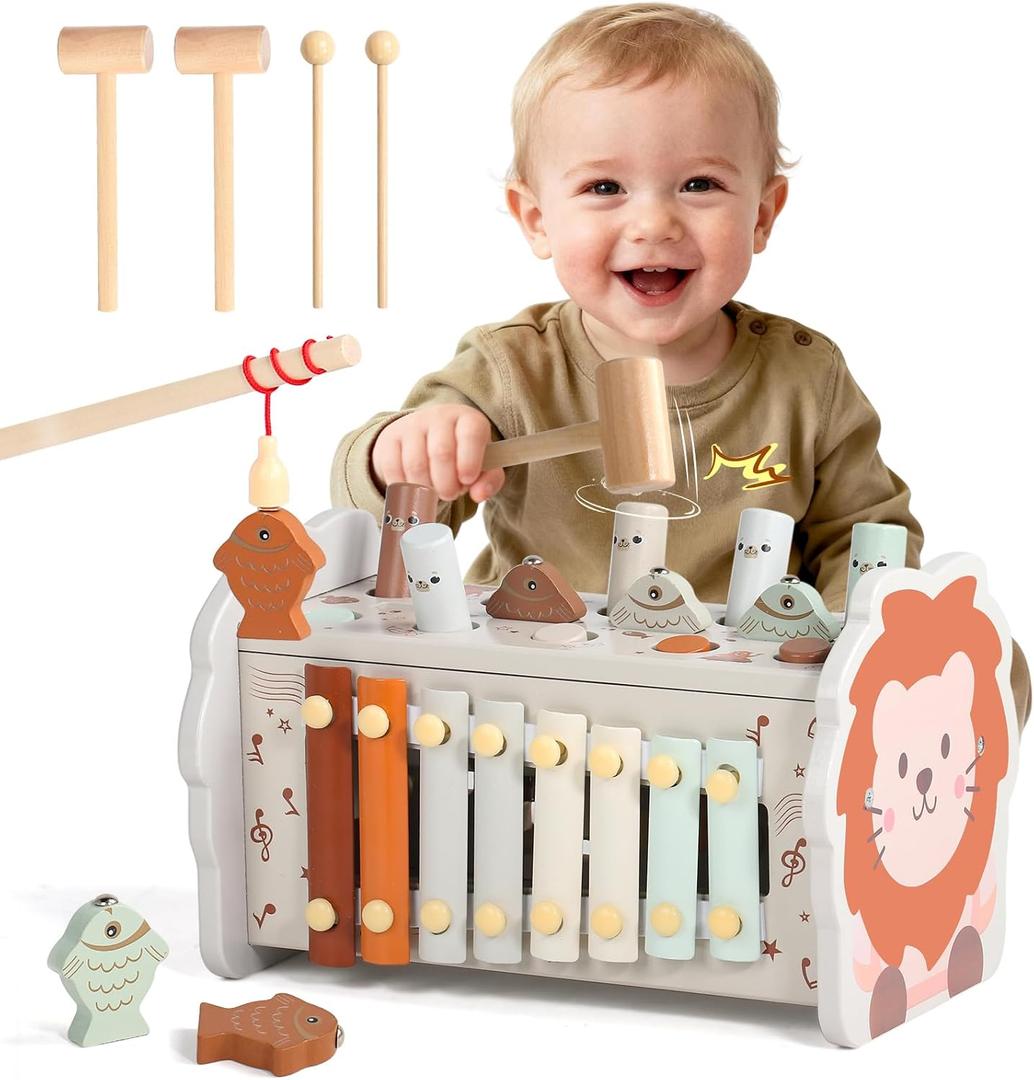 Fajiabao Wooden Montessori Toys for 1 Year Old Boy 4 in 1 Toddler Learning Toys with Number Maze, Pounding Bench, Xylophone, Fishing Game Baby Sensory Toys Birthday Gifts for 1+ Year Old Boys & Girls
