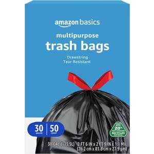 Amazon Basics 30 Gallon Multipurpose Drawstring Trash Bags, 20% Post Consumer Recycled, Black with Red Drawstring, 50 Count