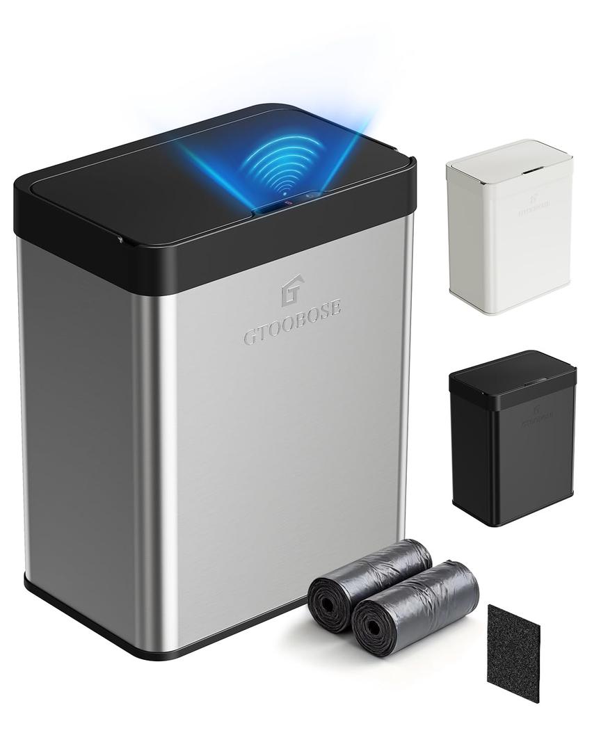 13 Gallon Touchless Automatic Trash Can, Slim Motion Sensor Kitchen Garbage Can, Stainless Steel, Soft Close Lid, Fingerprint Resistant, Hands-Free, for Kitchen Apartment Office, Silver
