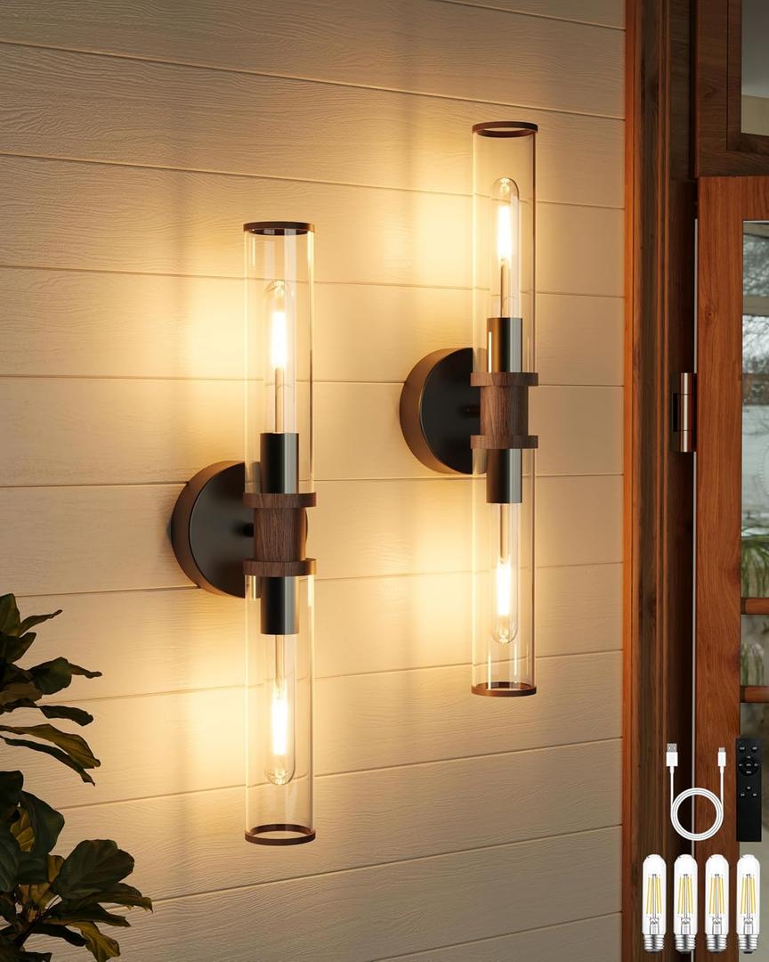 Battery Operated Wall Sconce Set of 2, Black & Walnut Rechargeable Wall Sconces, Modern Cordless Wall Lights with Remote Control, Dimmable for Living Room, Bedroom, Bathroom, Hallway, Entryway 3000K, 2 Pack