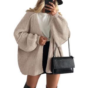 PRETTYGARDEN Womens Oversized Cardigan Sweaters 2025 Fall Long Lantern Sleeve Knit Open Front Lightweight Sweater (Medium, Grey Beige)