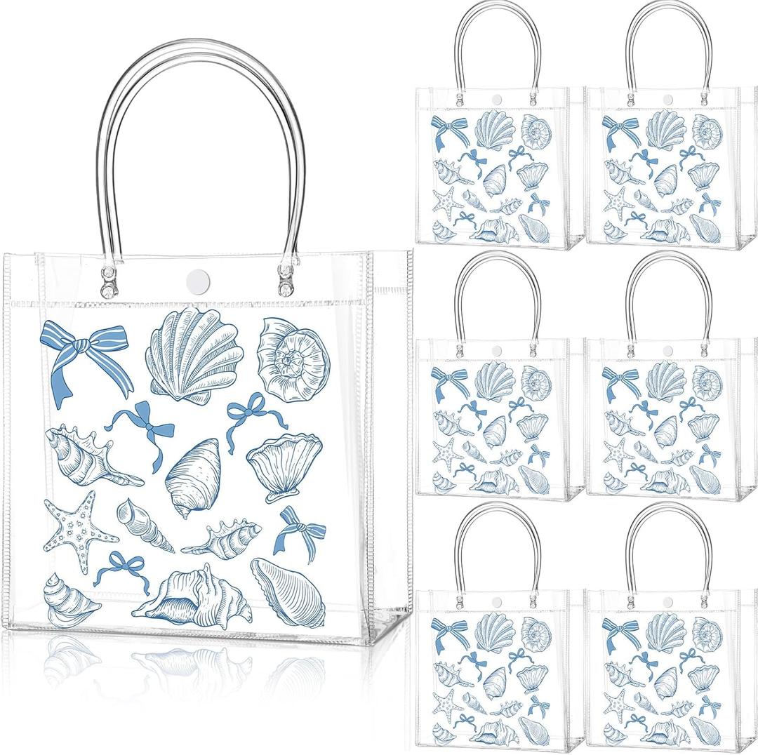 Teenyyou 24 Pcs Ocean Seashell Beach Gift Bags with Handles Starfish Shell PVC Gift Bags Candy Treat Tote Party Favor for Birthday Party Supplies