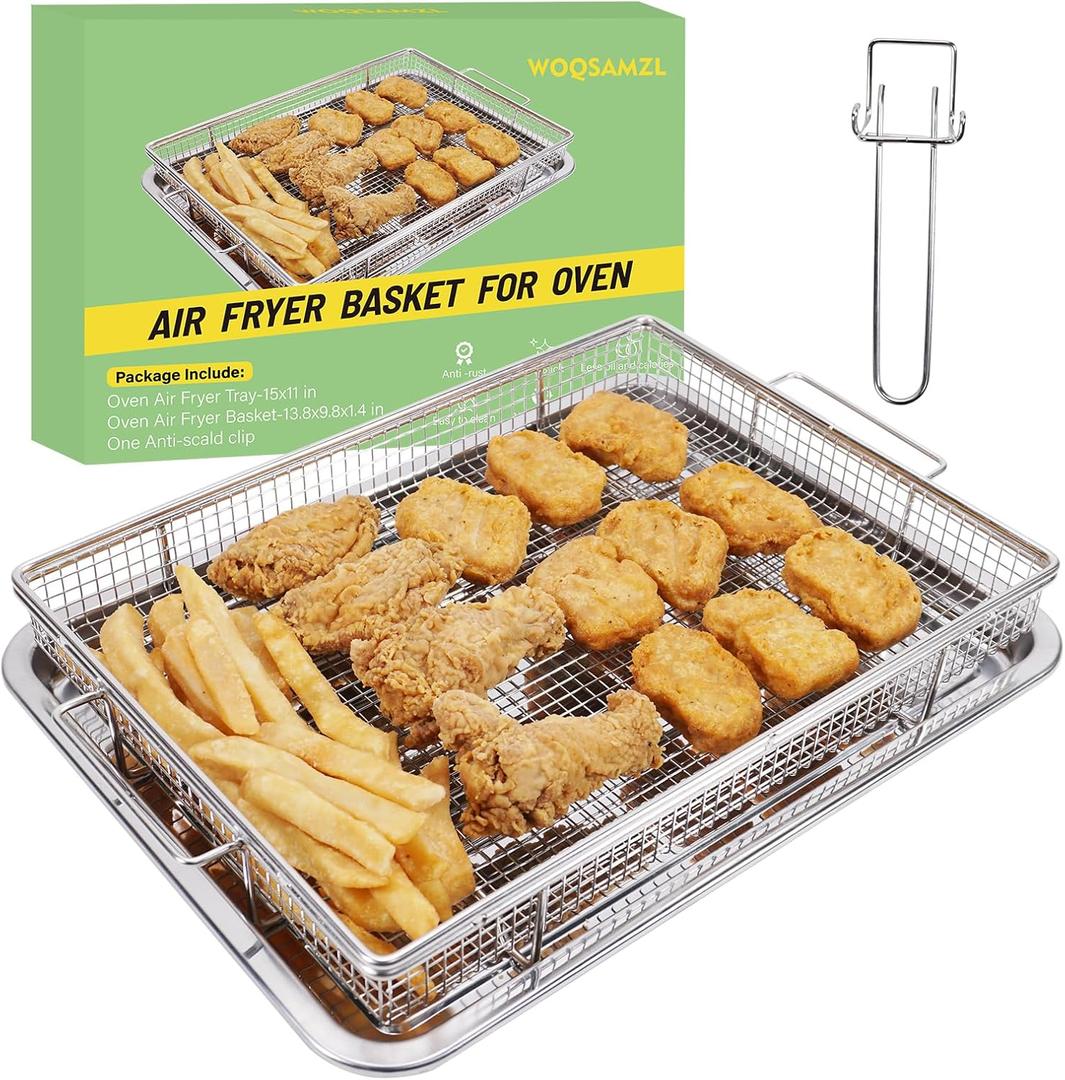 Extra Thick Air Fryer Basket for Full Size Oven,2 PCS-Set,Air Fry Basket & Crisper Tray Pan,Easy Cleaning and Crispy Results,Stainless Steel Air Fryer Accessories,with one Removable Handle,15''11''