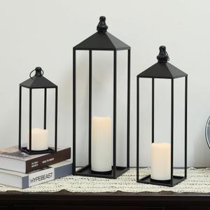 LED Lanterns Decorative Indoor&Outdoor, 23’’ 19’’ 13’’ Large Black Candle Lanterns Set with 3 Flameless Candles, Metal Holders for Porch, Patio, Garden, Home, Fireplace, Decorations Decor