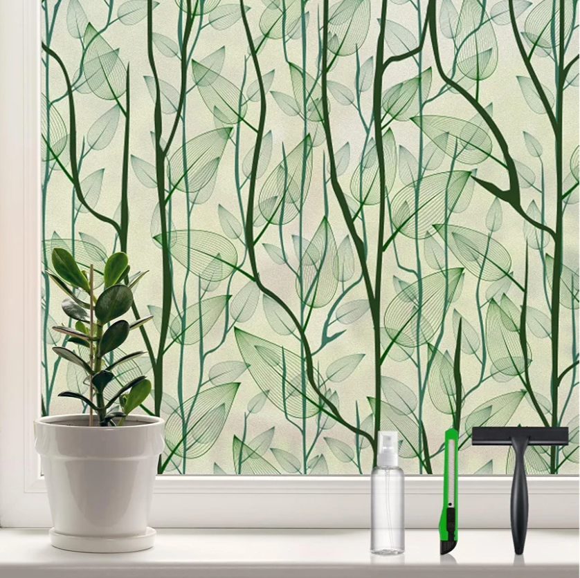 DKTIE Window Film Privacy with Installation Tools, Decorative Stained Glass Window Clings for Home, Static Cling Window Sticker for Front Door, Bathroom, Glass Door (Dark Green, 35.4'' x 78.7'') 3 Pack