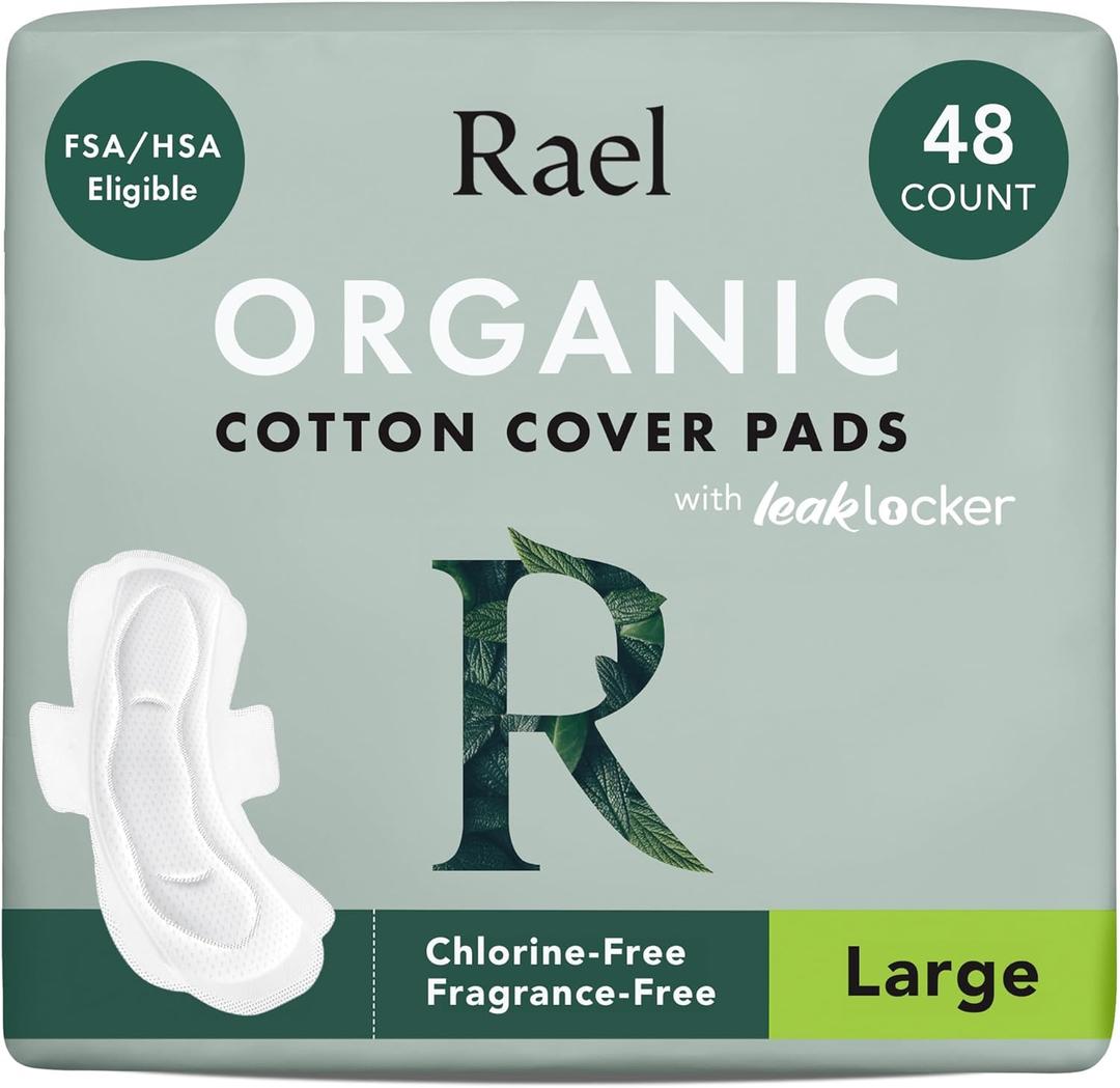 Rael Pads for Women, Organic Cotton Cover - Period Pads with Wings, Feminine Care, Sanitary Napkins, Heavy Absorbency, Unscented (Large, 48 Count)