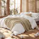 Bedsure 5 Pieces Cotton Comforter Set with Cotton Waffle Throw Blanket - White Queen Comforter, Pillow Shams, Taupe Cooling Blanket of Rayon Derived from Bamboo for Hot Sleepers, Throw Pillow