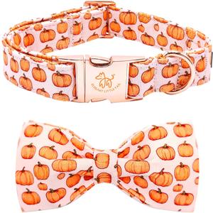 Elegant little tail Fall Dog Collar, Halloween Dog Collar Pink Pumpkin Pet Collars with Bowtie Puppy Metal Buckle Cotton Girls Boys Adjustable Pet Collars for Large Dogs (Large (Pack of 1))