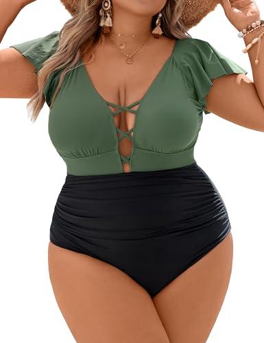 Blooming Jelly Women's Plus Size One Piece Swimsuit Tummy Control Bathing Suits Maternity Curvy Swimwear 2026(Black and Army Green,X-Large)