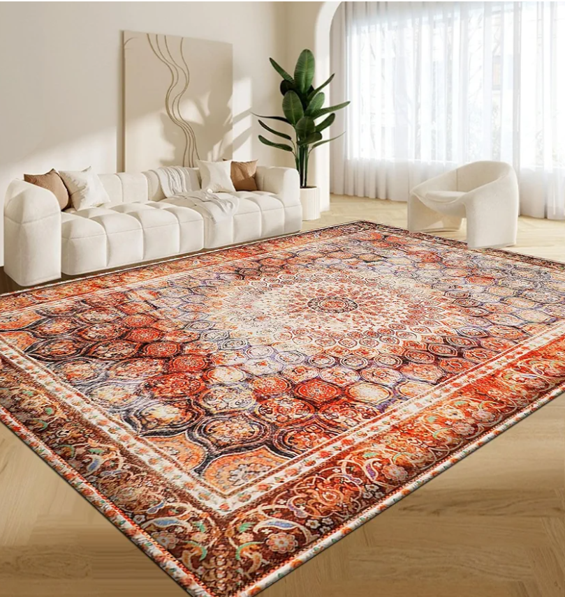 Oriental Area Rug 9x12, Vintage Rug Non Slip Low Pile Soft Large Rugs for Bedroom Dining Room Rug Living Room Carpet Red Orange Rug for Nursery Playroom Family Room Foyer Den Office Home Decor