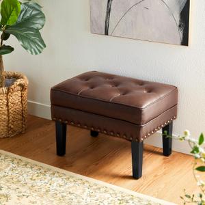 Glitzhome Faux Leather Foot Stool, Mid Century Modern Foot Stools Ottoman, Vintage Ottoman Tufted Square Vanity Seat, Coffee