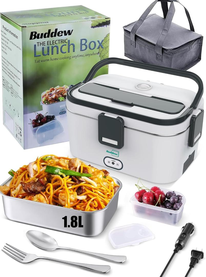 Buddew Electric Lunch Box for Adults, 80W Heated Lunch Box 1.8L Stainless Steel Portable Food Warmer,12/24/110V Lonchera Electrica Portatil for Travel & Work, Loncheras para Hombres de Trabajo(Gray)