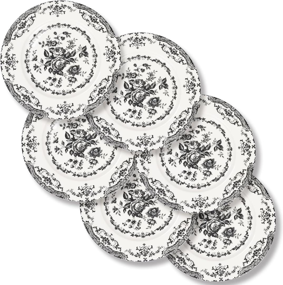 Salad Plates, 8.5 Inch Ceramic Plates Set of 6, Kitchen Plate Microwave Safe, White Porcelain Dessert Plate Porcelain Serving Dishes, Black