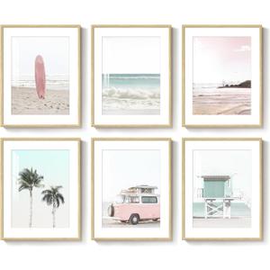 Framed Pink and Mint Green Coastal Wall Art for Living Room, 6 Piece Palm Tree Surfboard Beach Pictures Prints for Bedroom, Tropical Nautical Ocean Beachy Artwork for Hallway Walls Decor, 11x14 Inch