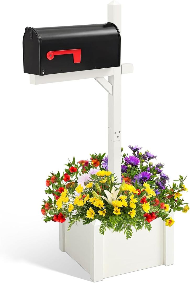 Colingmill 55'' Wooden Mailbox Post with Planter Box and Black Mail Box, White Decorative Outside Mailbox Post for Yard, Garden, Curbside