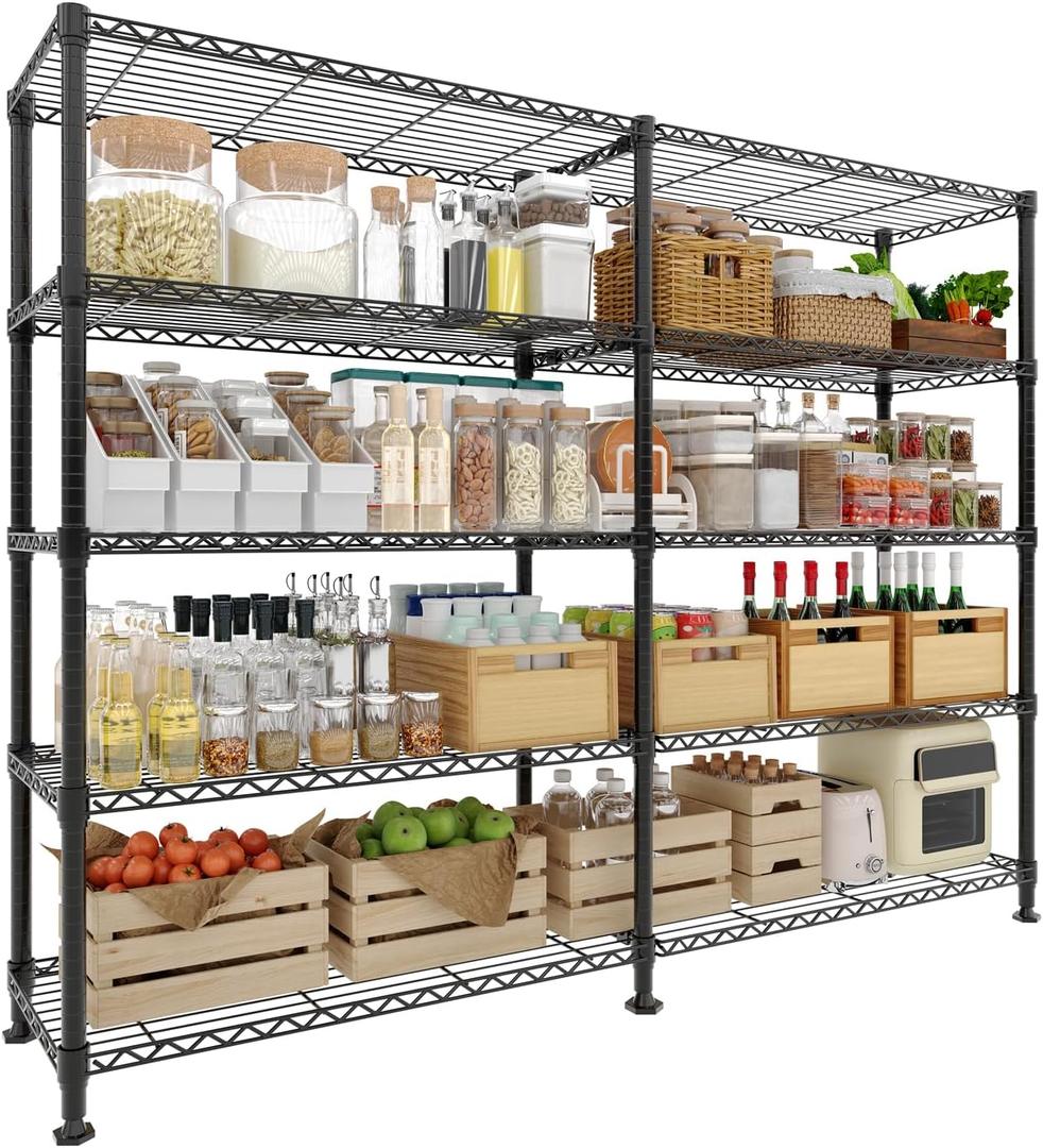 5-Tier Metal Storage Shelves, 60" Wide Wire Shelving Unit, 1325LBS Load Heavy Duty Adjustable Corner Standing Shelf Rack, H/L-Shaped, for Garage. Kitchen, Pantry, Basement,13.8" D x 70.5" H