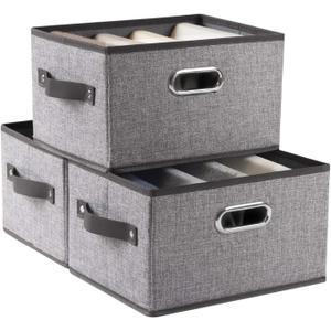 PRANDOM Fodable Storage Bins for Closet [3-Pack] Decorative Fabric Storage Baskets Cubes with Leather/Metal Handles for Shelves Bedroom Living Room Grey (11.5x8.5x6.7 Inch) (Grey&black Trim)